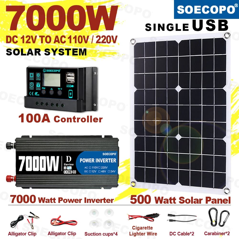 Générateur solaire 7000W, panneau 500W, 12V DC à 220V 110V, onduleur 100A, contrôleur, système hors réseau pour camping RV, CE RoHS