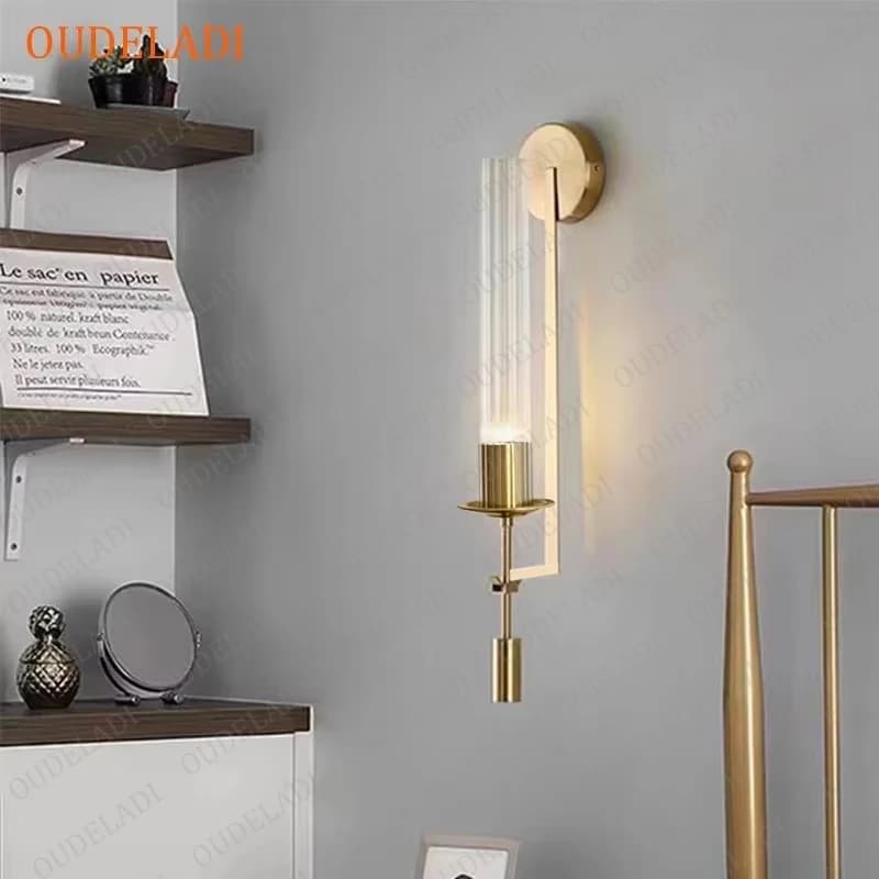 OUDELADIGlass tube – appliques murales rétro en laiton, luminaires nordiques, luminaire décoratif pour salon, chambre à coucher, porche, allée, salle à manger