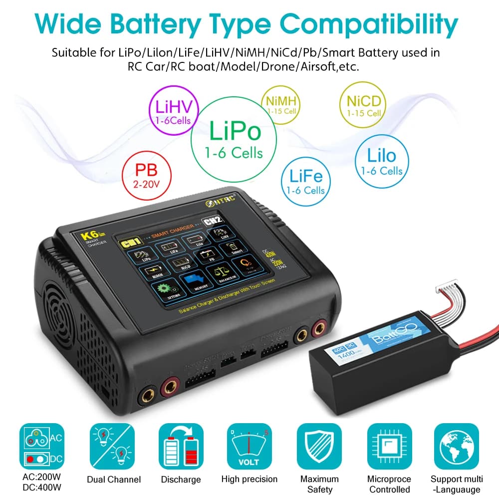 Chargeur Lipo HTRC haute précision AC 200W DC 400W 12A pour batteries LiHV, LiFe, Lipo, Lilon, NiCd, NiMhPb, avec fonction de décharge intelligente