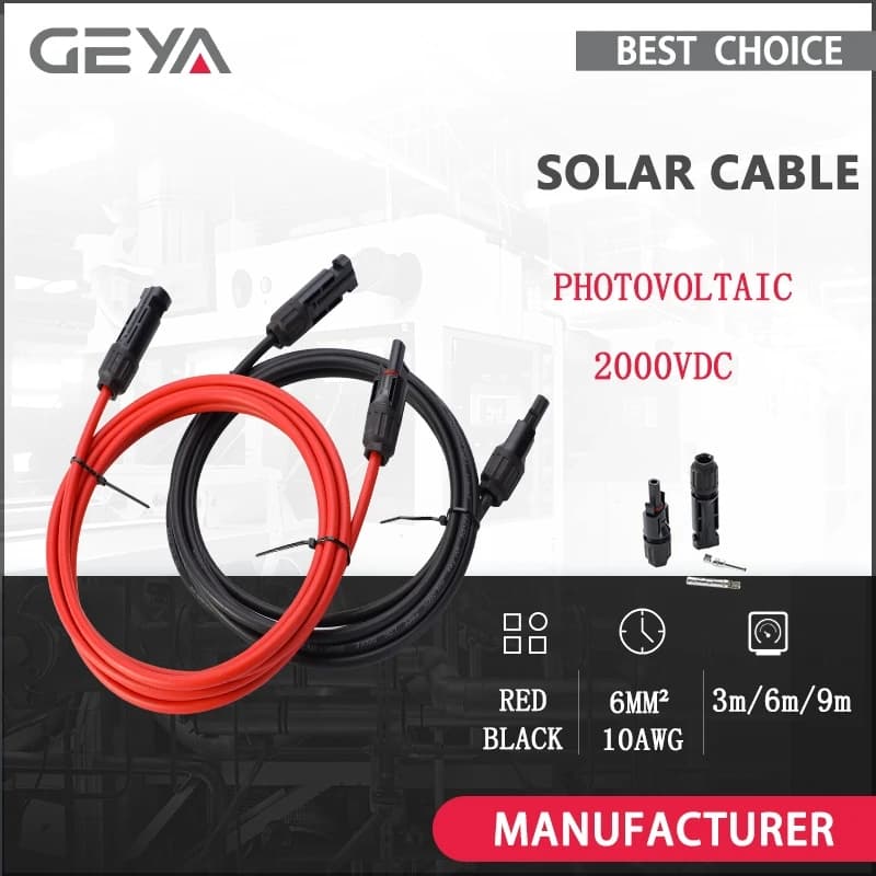 GEYA câble solaire PV 2000VDC avec connecteur 3/6/9 mètres 6 mm2 câble de panneau solaire fil photovoltaïque 10AWG 1 paire rouge et noir