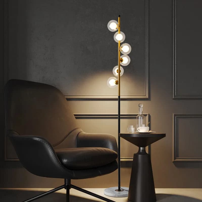 Lampadaire LED de luxe nordique bicolore fer boule de verre lampadaire salon chambre moderne décoration de la maison lampe sur pied en marbre