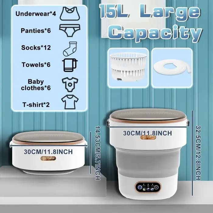 Petit sèche-linge portable avec essorage, lave-linge pliable, machine à laver, chaussettes de voyage, sous-vêtements, culottes, appartement, 15l
