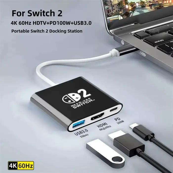 Station d'accueil pour Switch 2, Hub TYPEC 2,4K 60Hz avec HDMI et USB-C 3.0 PD100W, idéal pour Switch 2/Switch/OLED