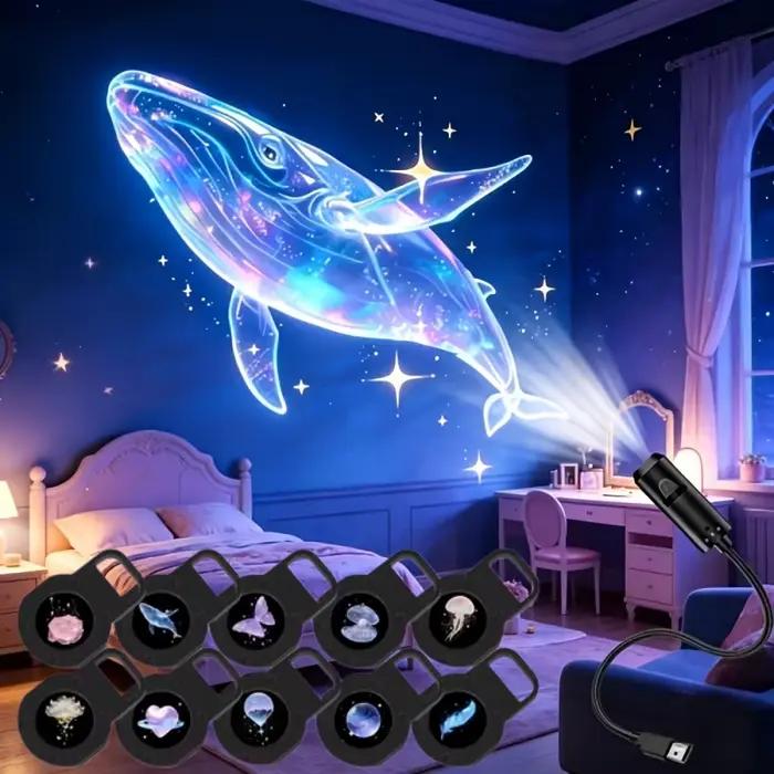 Lampe de Projection USB Créative Baleine Rêveuse, 3/6/10 Motifs, Projecteur LED Lumière Ambiance Rose, Méduse, Cadeau Festif
