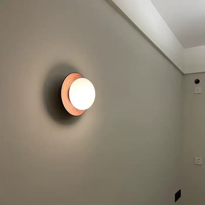 Wabi-sabi Style Nature bois couleur noyer chambre chevet appliques murales blanc laiteux rond verre applique pour couloir escalier allée