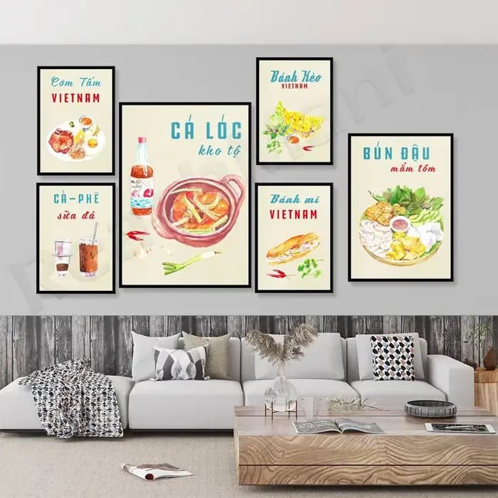 Affiche de nourriture vietnamienne, poisson braisé, nouilles au tofu avec pâte de crevettes, nouilles, rouleaux de printemps, menu de restaurant de cuisine asiatique bistr