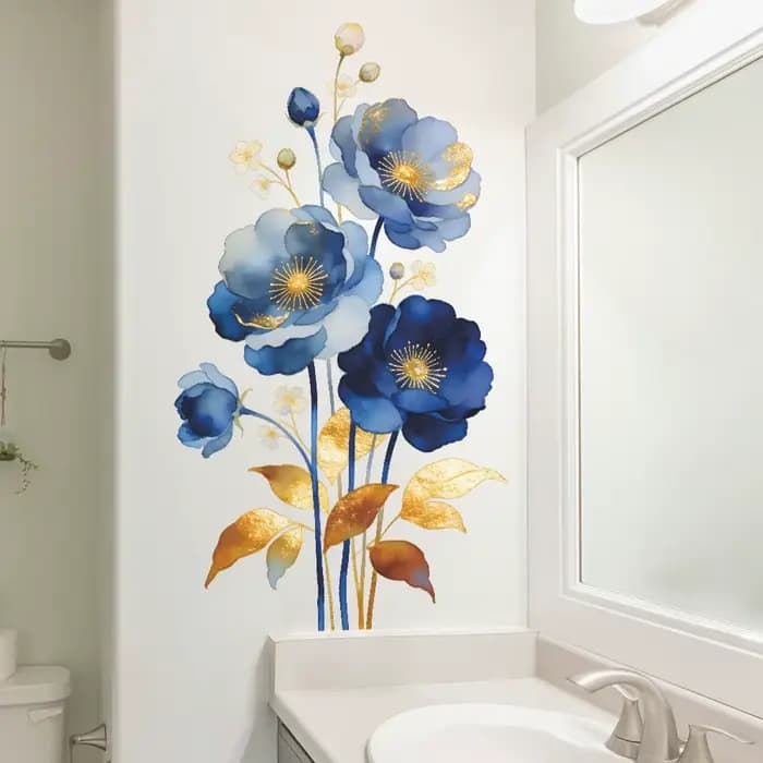 Autocollant mural décoratif simple pour embellir les murs intérieurs des salles de bain et des toilettes, motif fleur bleue peinte