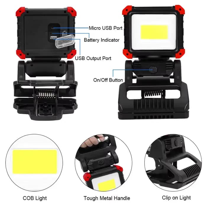 Lampe de travail rechargeable à LED 270 ° Lampe de travail à Clip magnétique COB, Super brillante, étanche, sans fil, pour réparation de voiture, urgence