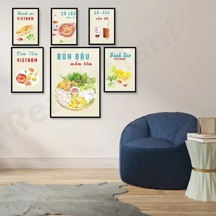 Affiche de nourriture vietnamienne, poisson braisé, nouilles au tofu avec pâte de crevettes, nouilles, rouleaux de printemps, menu de restaurant de cuisine asiatique bistr
