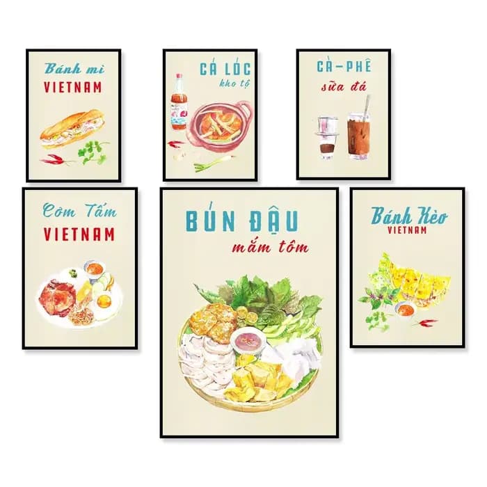 Affiche de nourriture vietnamienne, poisson braisé, nouilles au tofu avec pâte de crevettes, nouilles, rouleaux de printemps, menu de restaurant de cuisine asiatique bistr