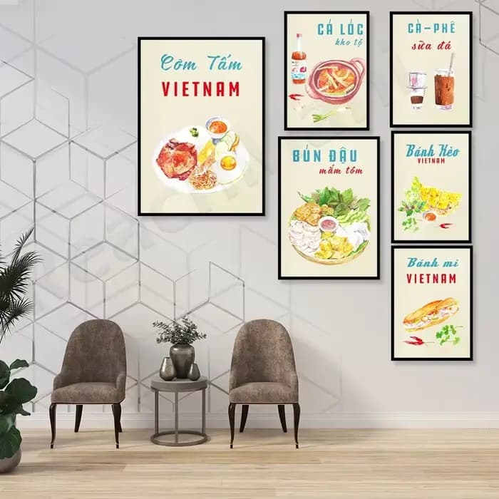 Affiche de nourriture vietnamienne, poisson braisé, nouilles au tofu avec pâte de crevettes, nouilles, rouleaux de printemps, menu de restaurant de cuisine asiatique bistr