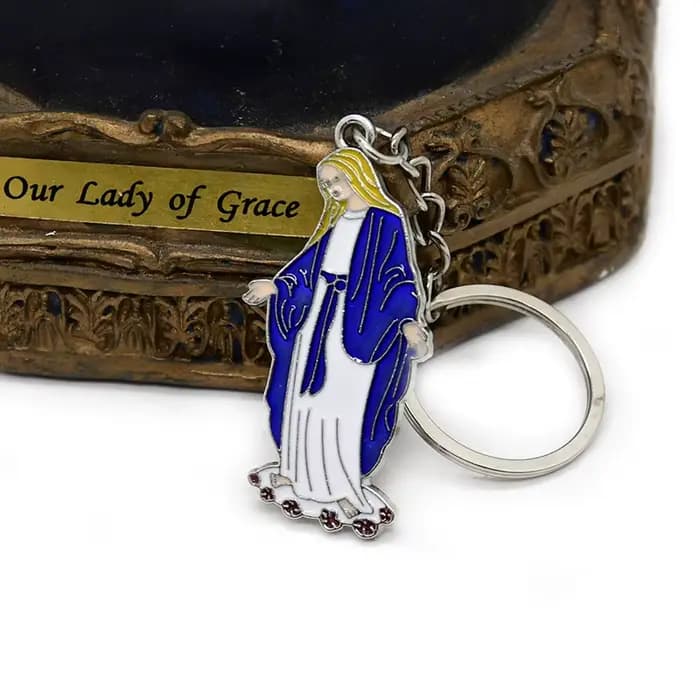 Porte-clés pendentif miraculeux en métal et émail bleu, bijoux religieux, accessoire unisexe