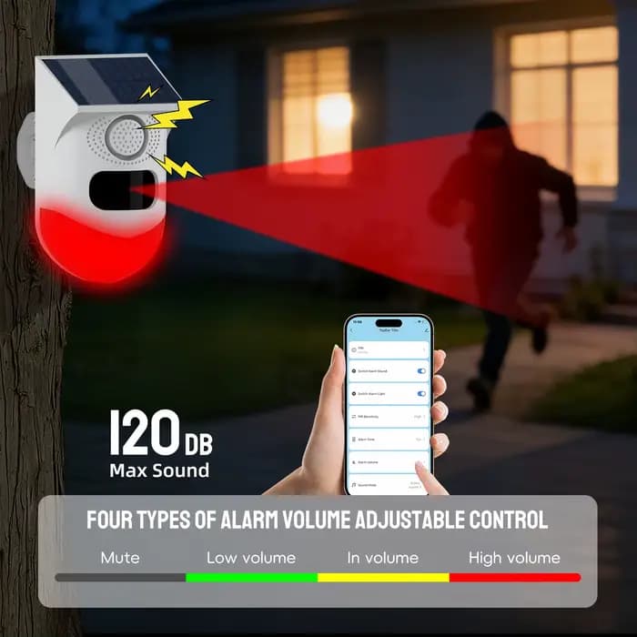 Alarme de sécurité solaire Tuya : capteur de mouvement PIR, sirène avec lumière rouge clignotante, système d'alarme extérieur étanche pour garage