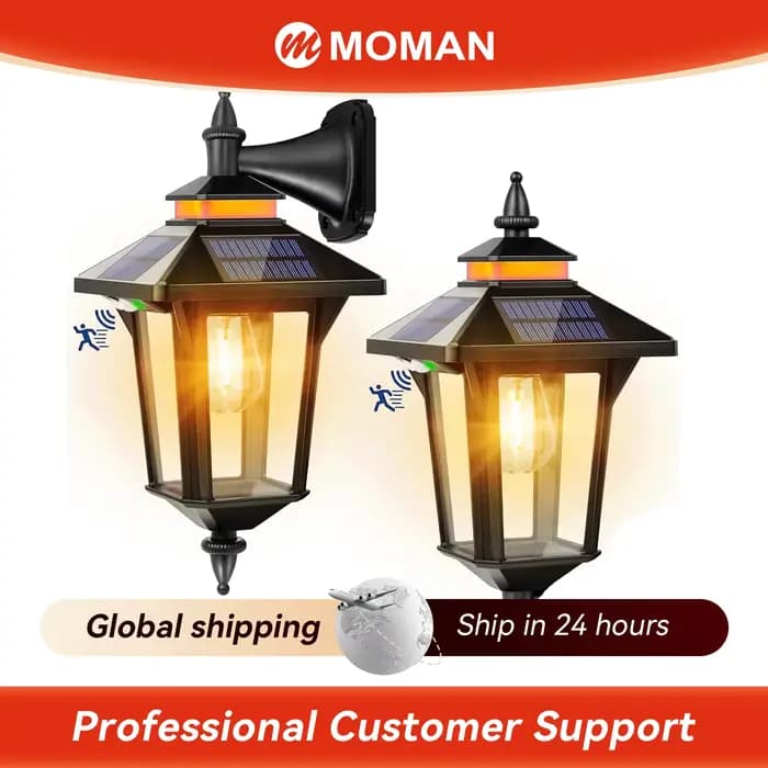 Moman Lampes solaires extérieures, 2 lampes solaires vintage avec capteur de mouvement 2200 mAh, 3 modes IP65 Lanterne solaire étanche pour clôture de jardin
