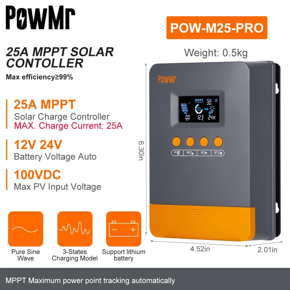 PowMr Choice 25A 35A 45A MPPT contrôleur de Charge solaire 12V 24V Auto 100V panneau régulateur Inte