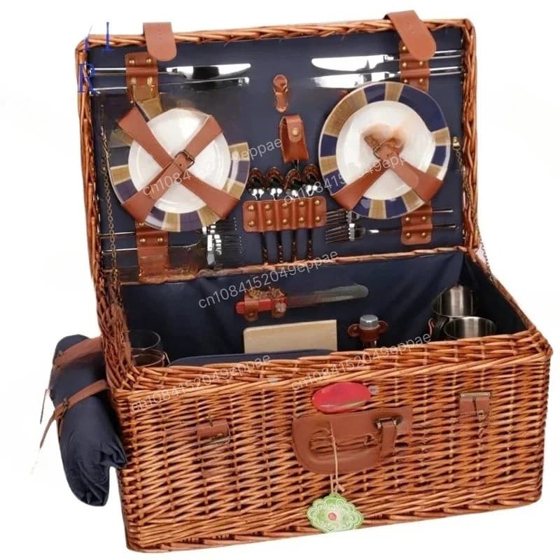 Ensemble de panier de pique-nique en osier pour sorties en plein air, avec vaisselle et set de table