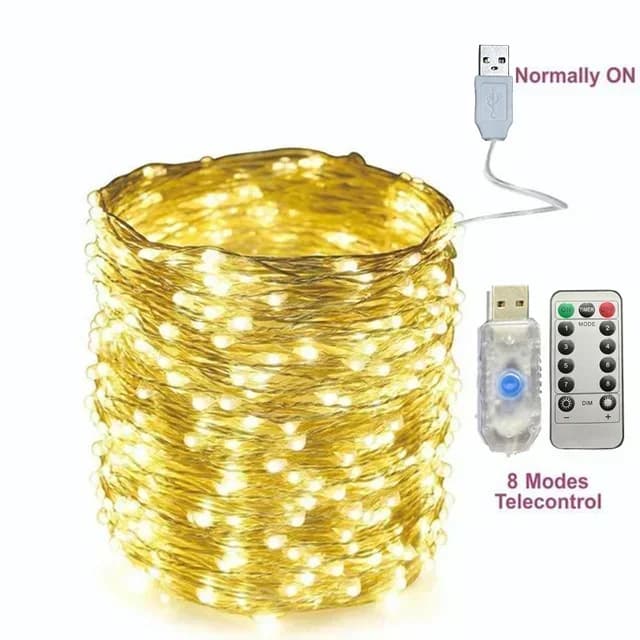 Lampe en fil de cuivre avec télécommande, 5/10/20/30M, avec 8 fonctions USB, guirlande lumineuse LED