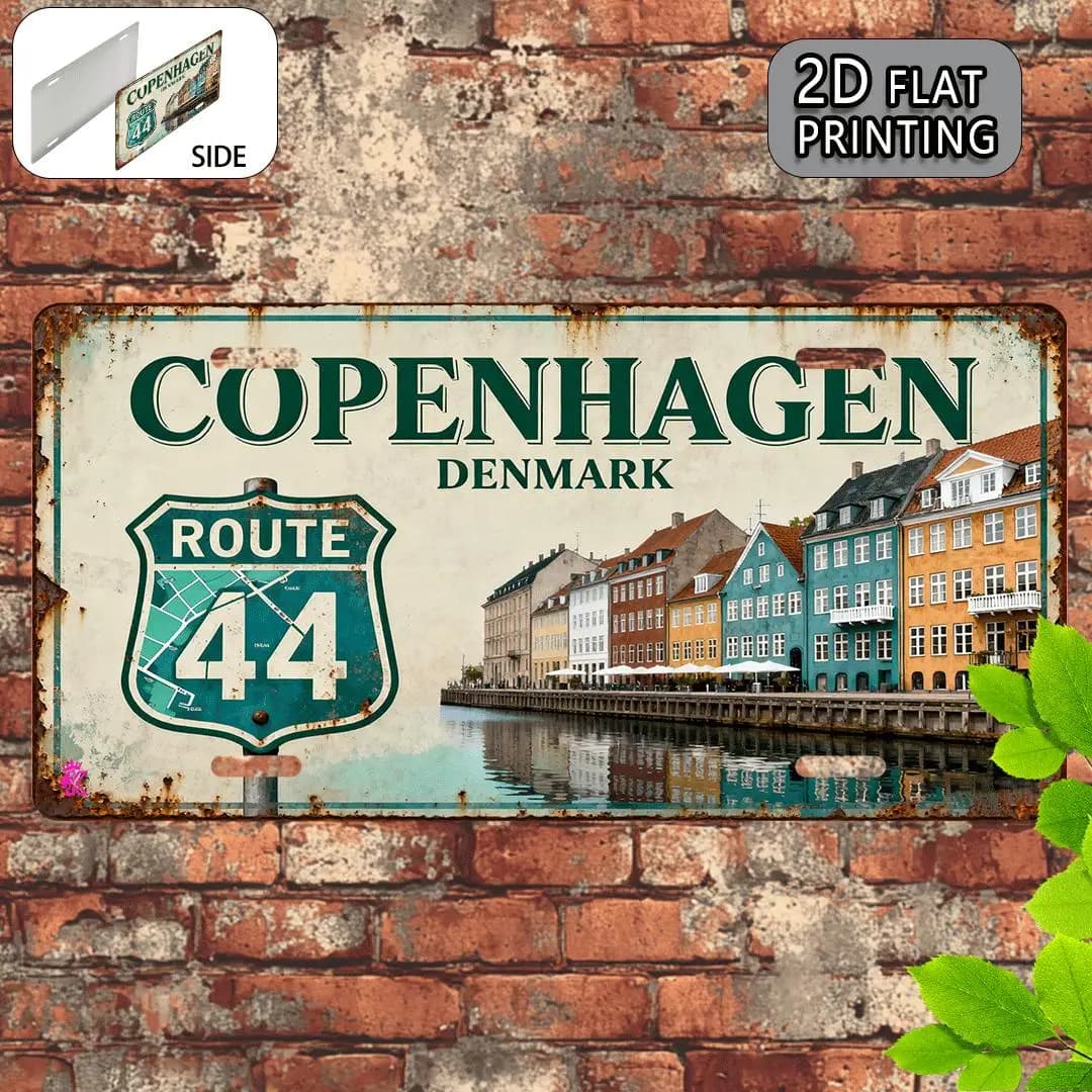 Copenhagen Danemark Paysage coloré du canal de Nyhavn Route 44 Vintage Rustique Plaque d'immatricula