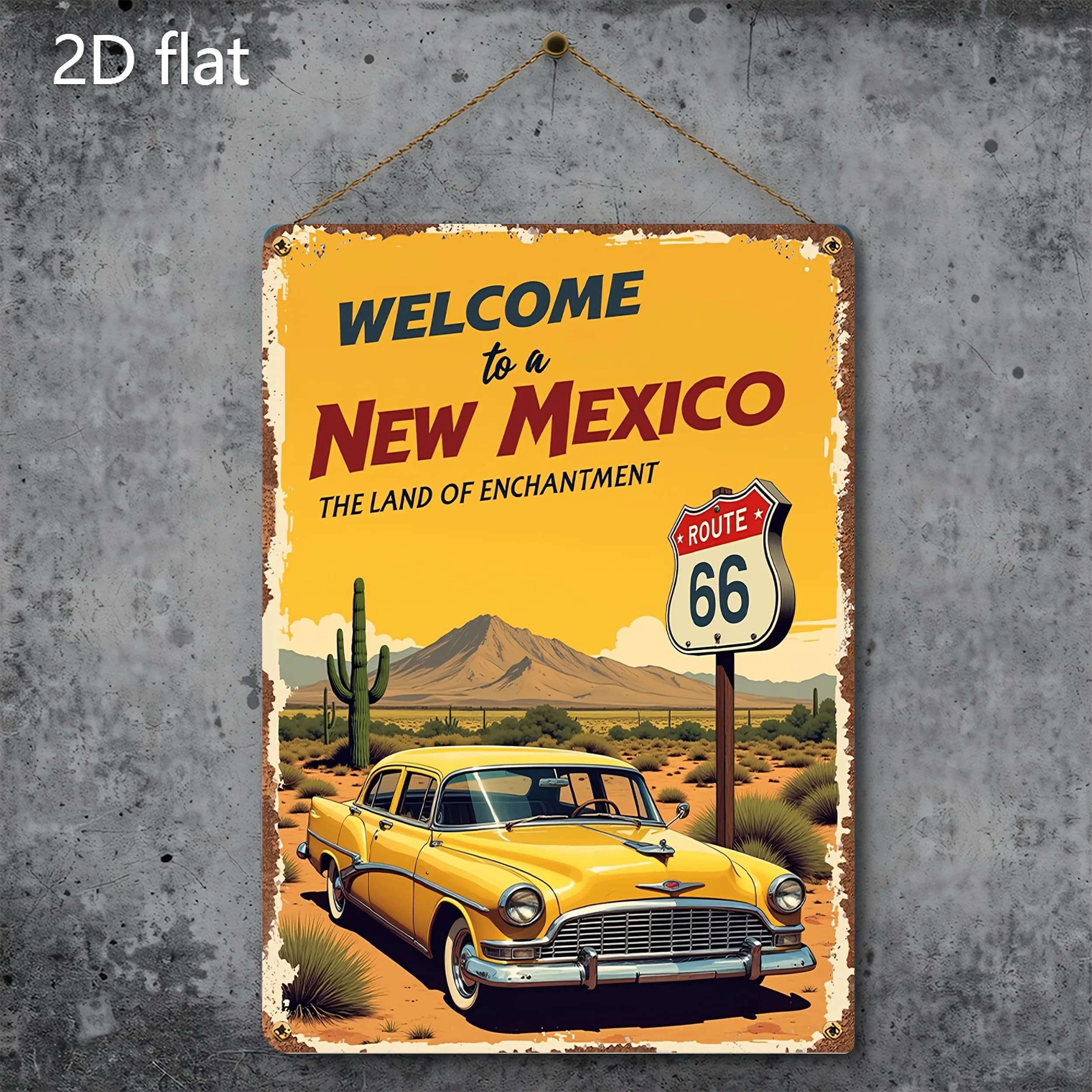Art mural en métal vintage Route 66 - Panneau routier « Bienvenue au Nouveau Mexique » avec paysage