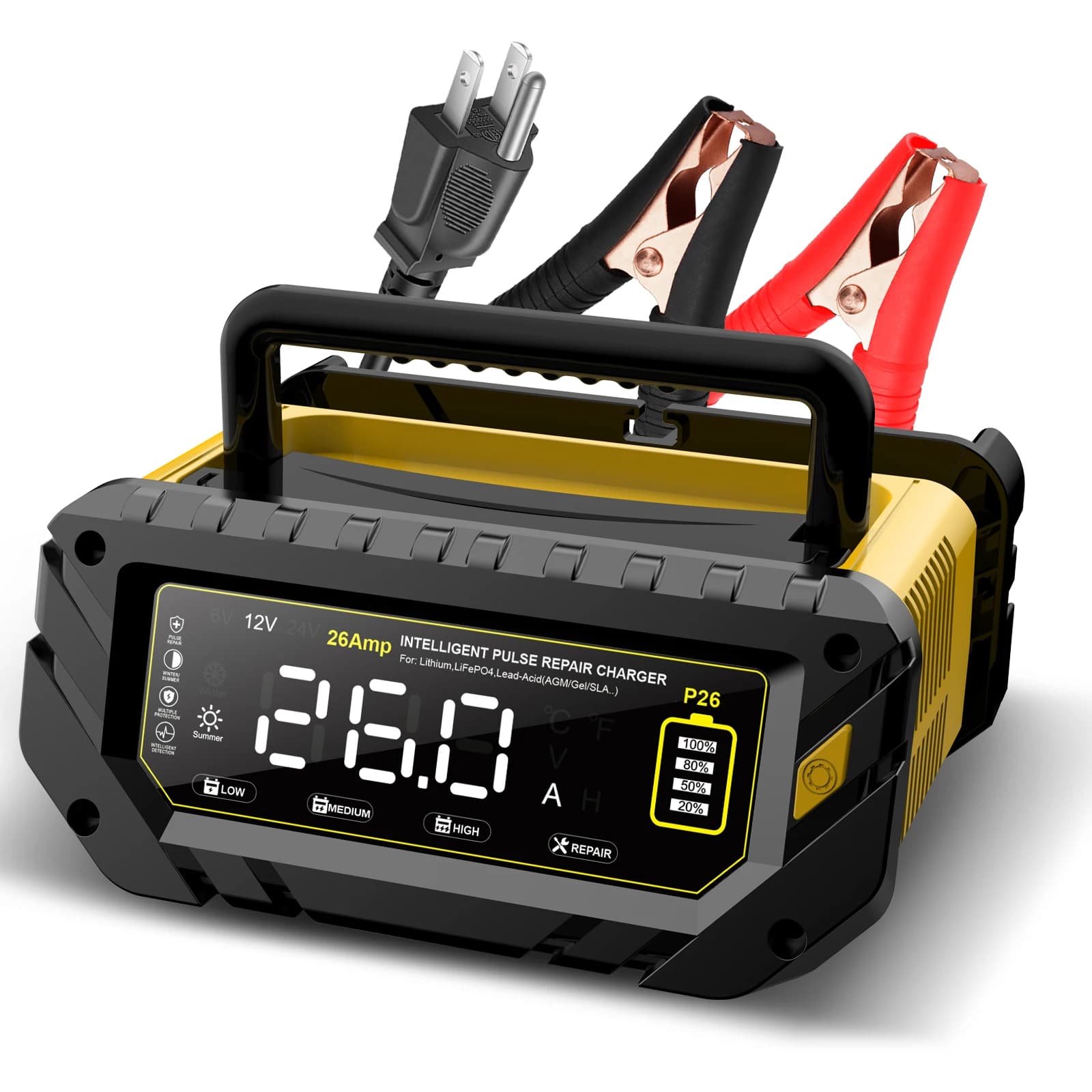 Chargeur de batterie de voiture 6V-12V-24V 26A pour batteries automobiles, moto, lithium, LiFePO4, p