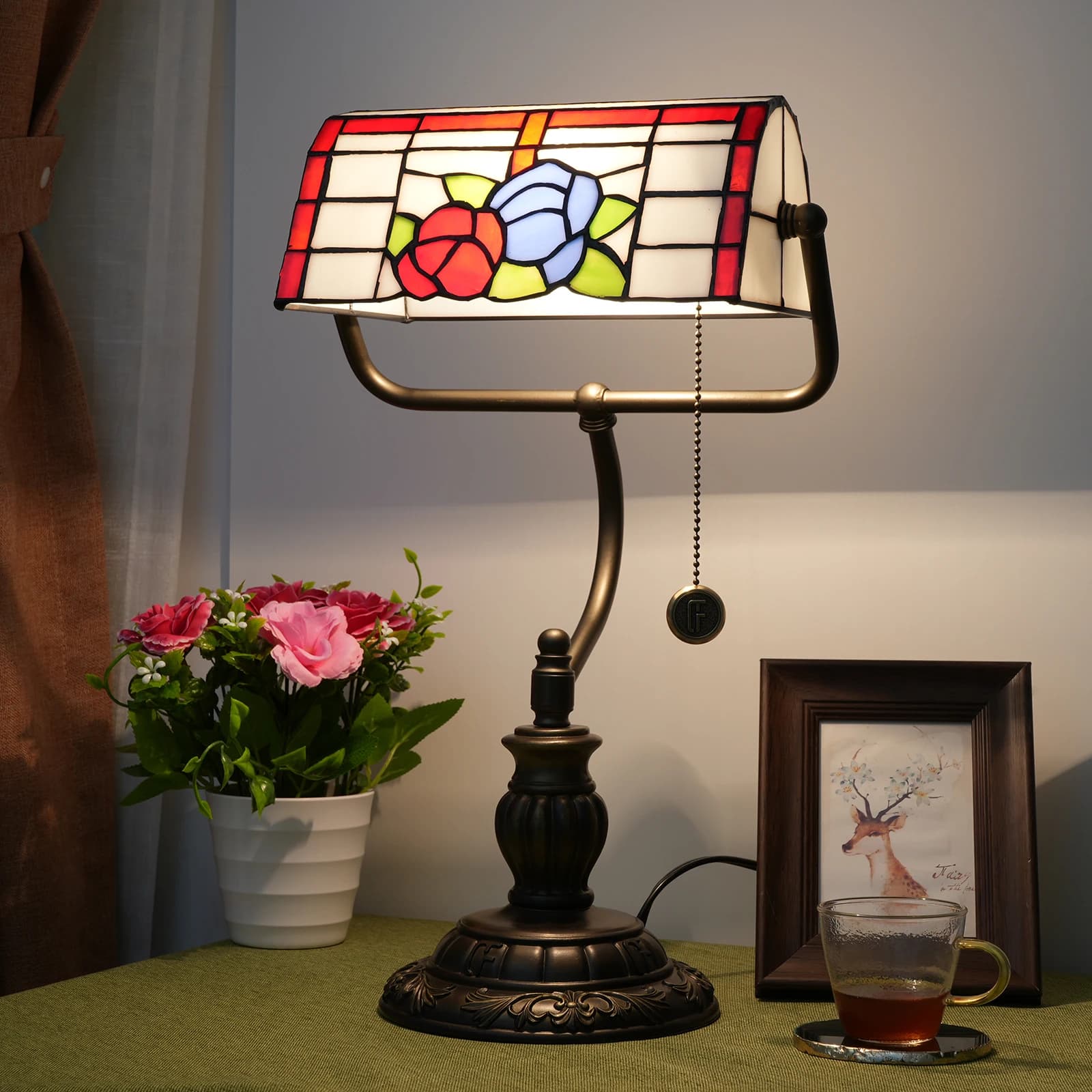 Lampe de table créative à brancher, lampe de banquier en vitrail avec interrupteur à fermeture éclai