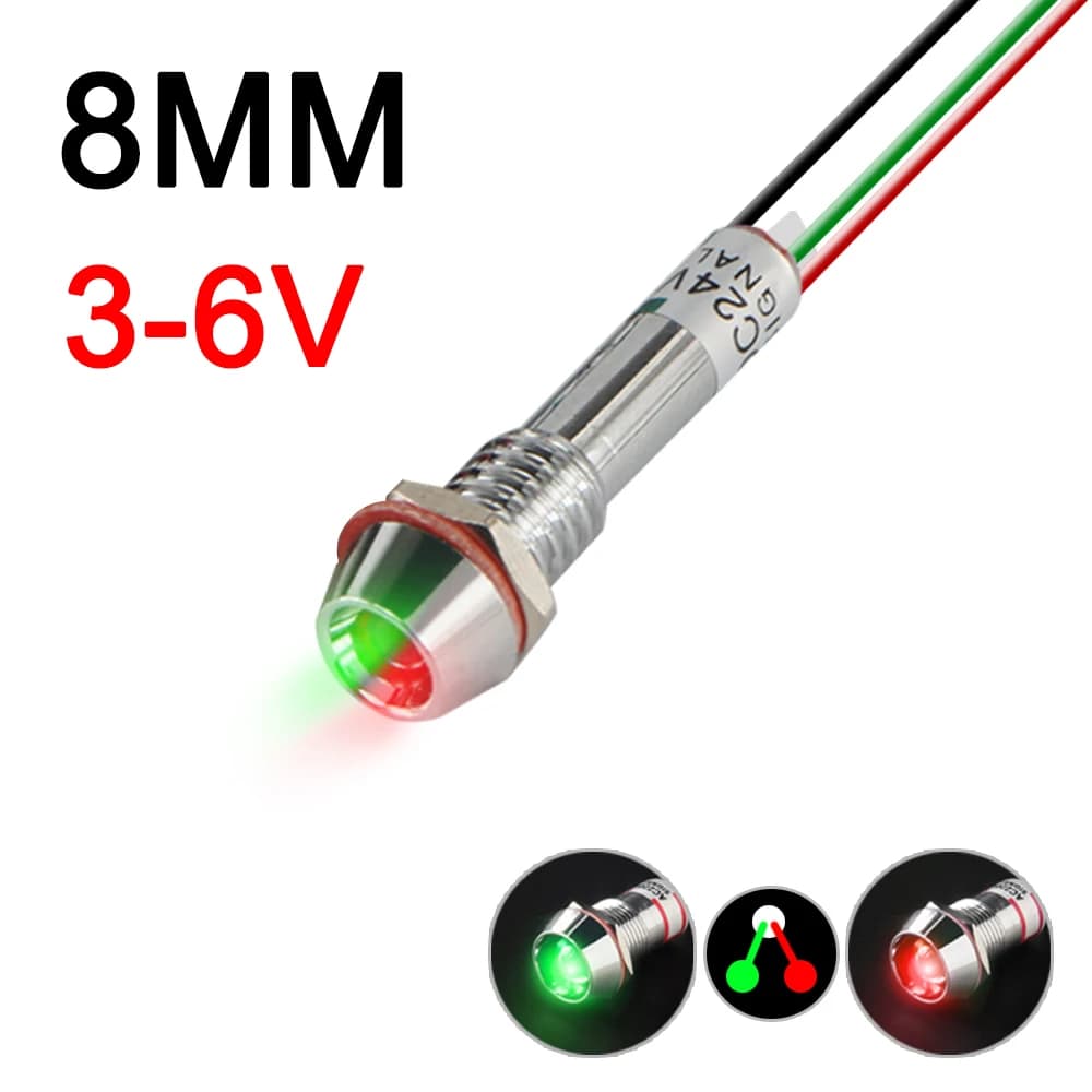Lampe de signalisation en métal bicolore avec fil LED étanche vert rouge 3V 6V 12V 24V 110V 220V 8MM
