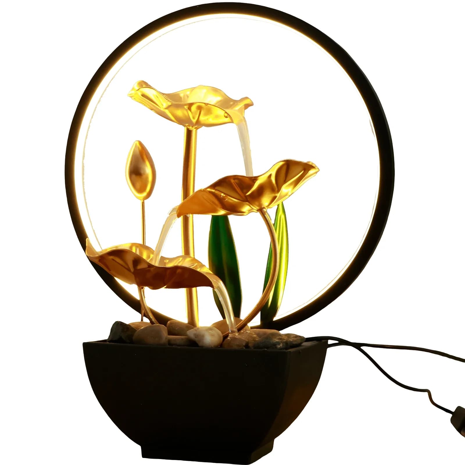 Fontaine d'eau de table alimentée par USB, avec anneau lumineux LED, ornements d'eau courante pour l