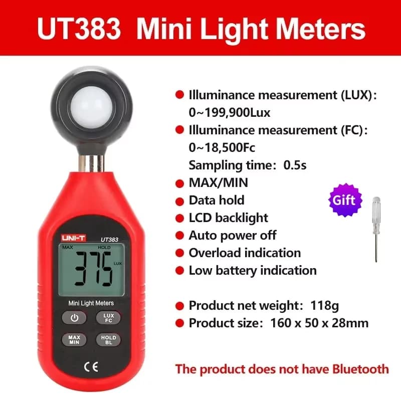 Luxomètre numérique UNI-T UT383BT UT383 0 ~ 19,900 Lux mètre d'éclairement photographique FC Lightme