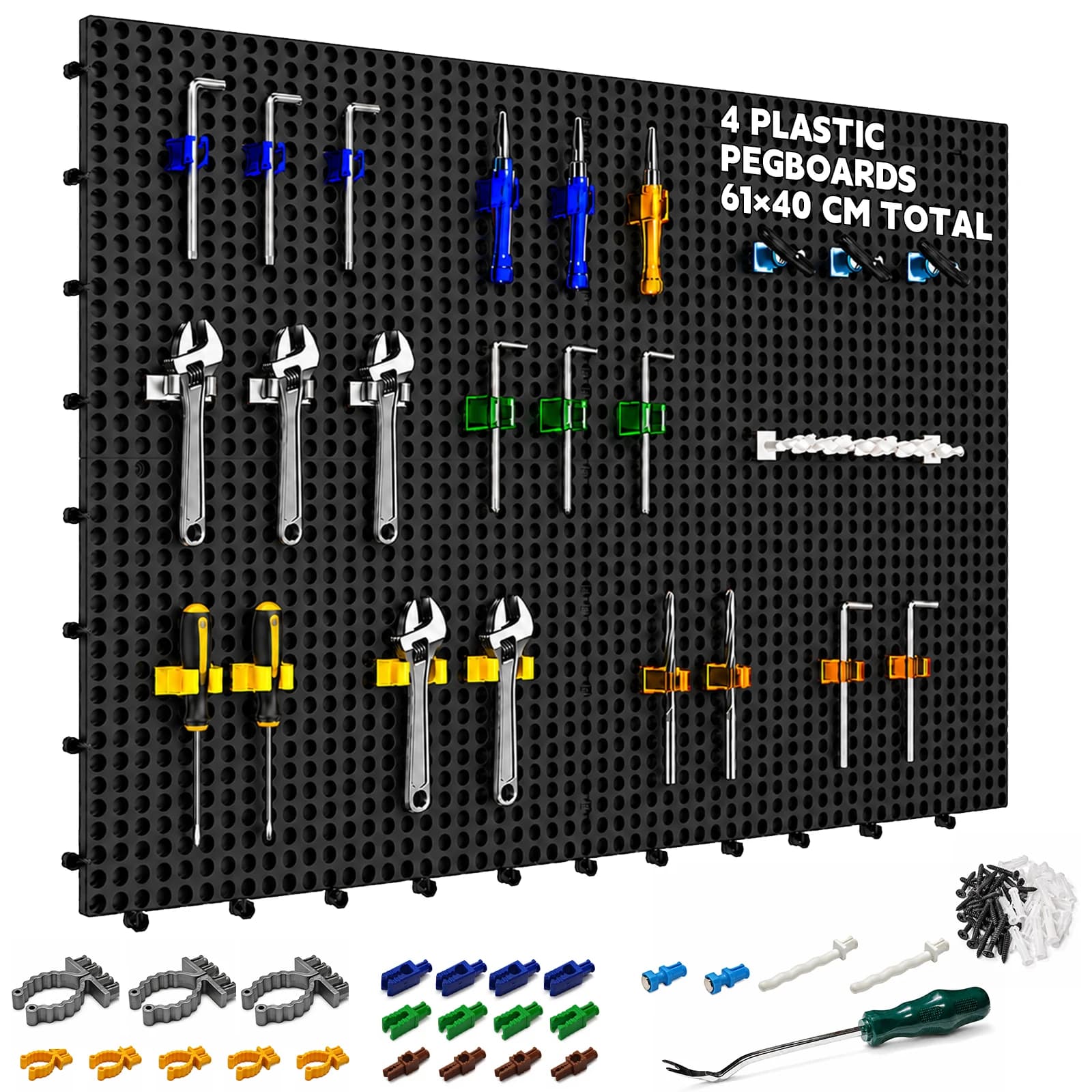 Kit d'organisation murale en plastique, 4 panneaux noirs 61 x 40 cm, 56 accessoires avec crochets, p