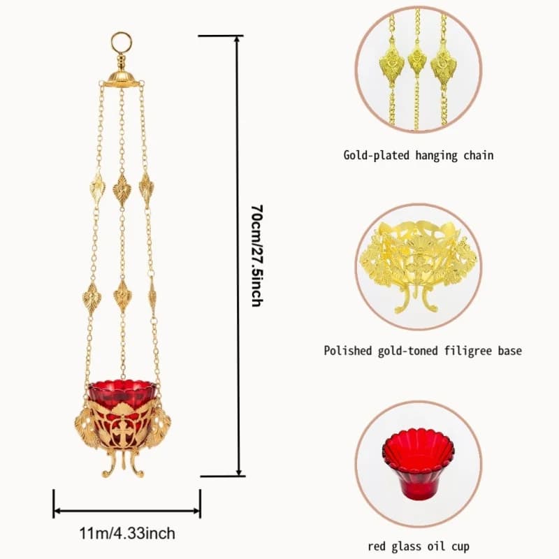 Lampe de veille orthodoxe plaquée or avec insert en verre rouge pour la liturgie, l'autel domestique