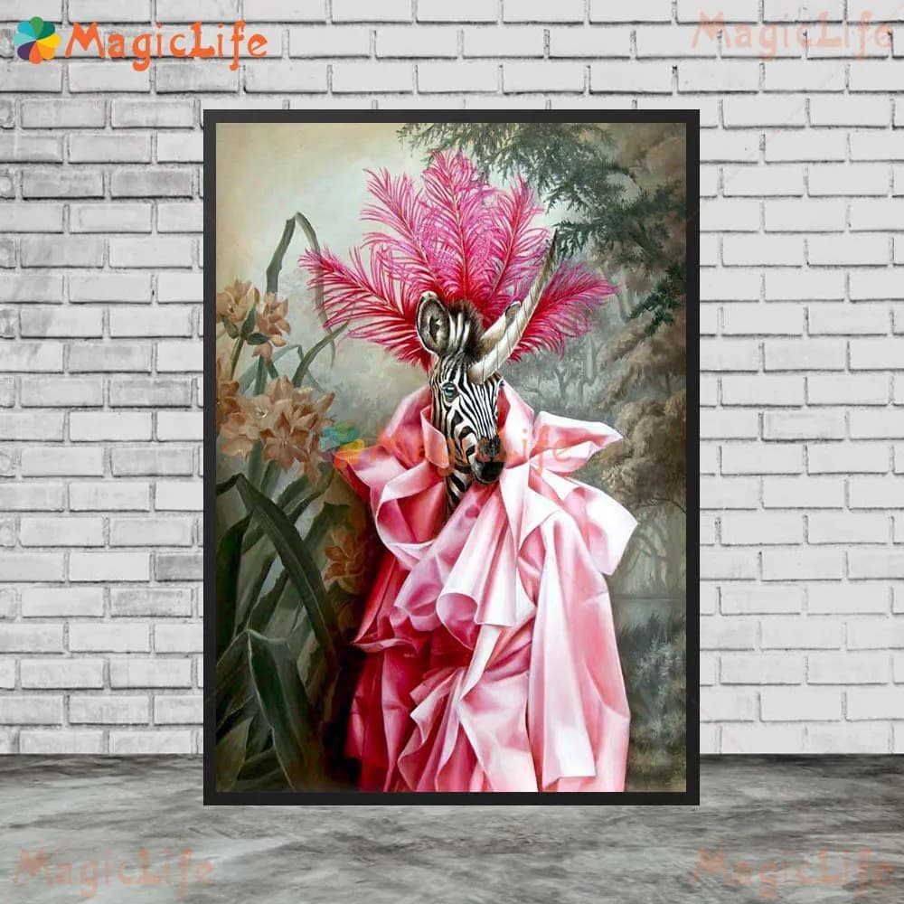 Portrait d'animaux de cheval zèbre drôle, plumes de paon, images murales pour salon, affiche nordiqu