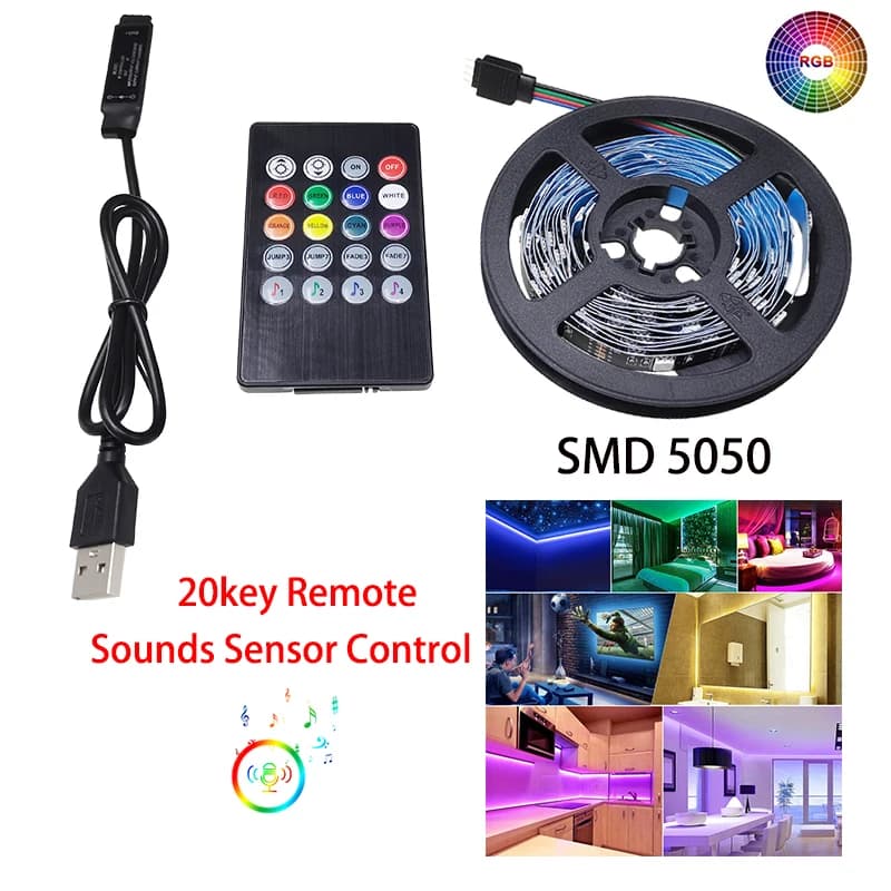 Bande lumineuse LED 5050 USB, lampe Flexible, capteur sonore, ruban RGB 1M 2M 3M 4M 5M DC5V, décorat
