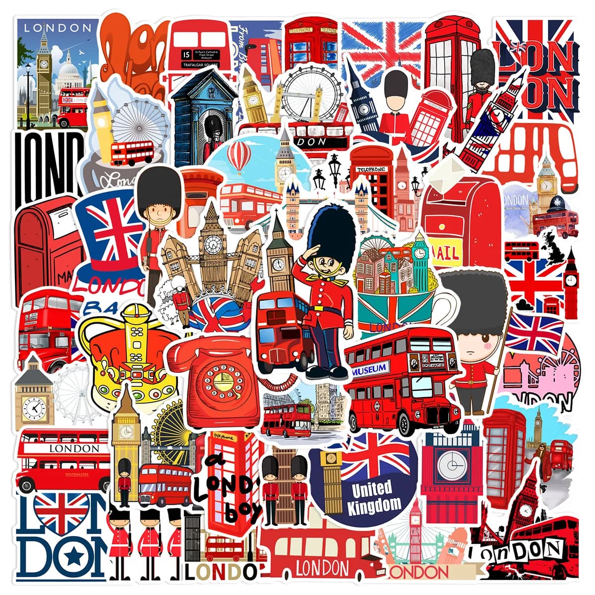 50 autocollants sur le thème des monuments de Londres britanniques, bus rouge, Big Ben, pour bouteil