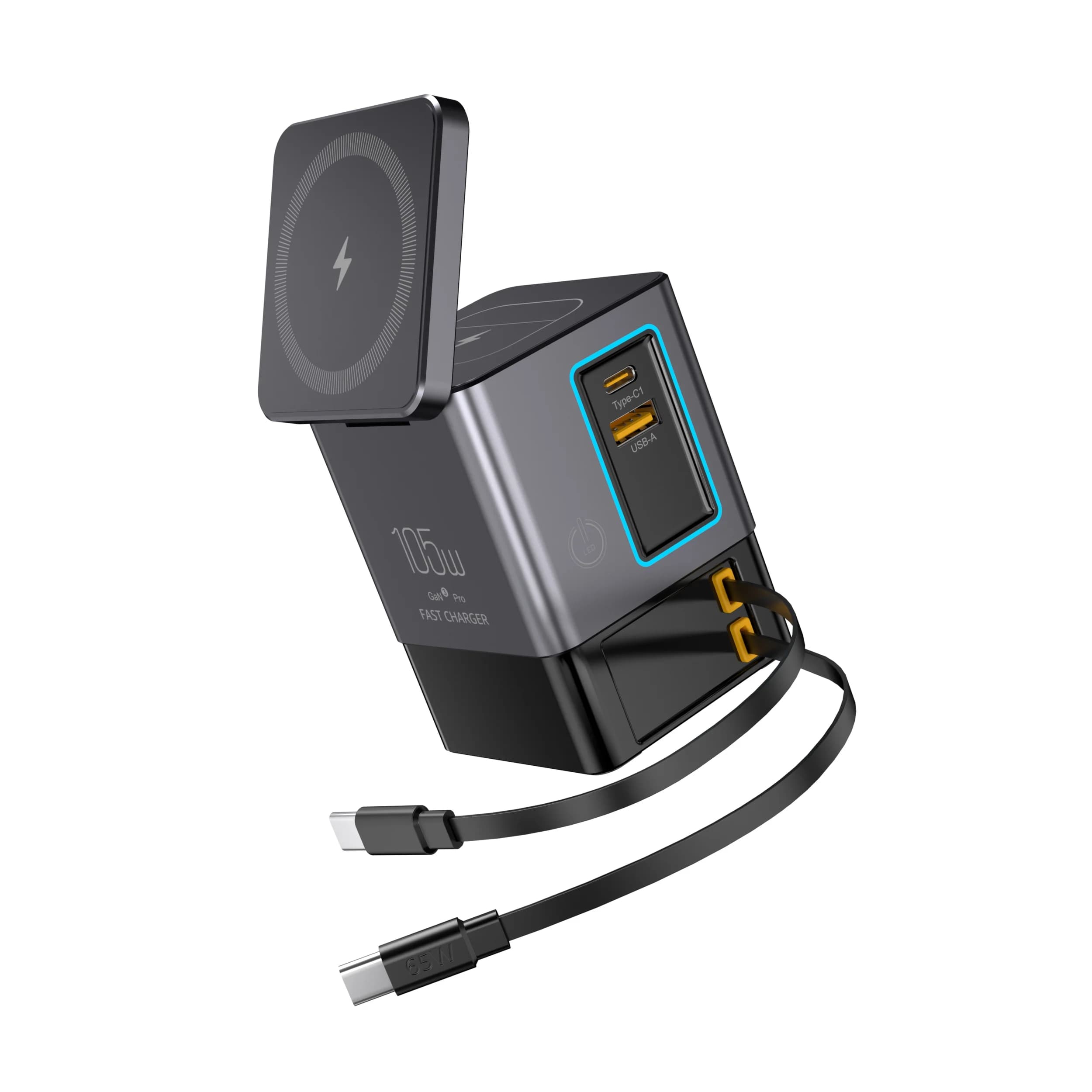 Station de charge sans fil magnétique 105W GaN avec câbles USB-C rétractables, station de charge rap