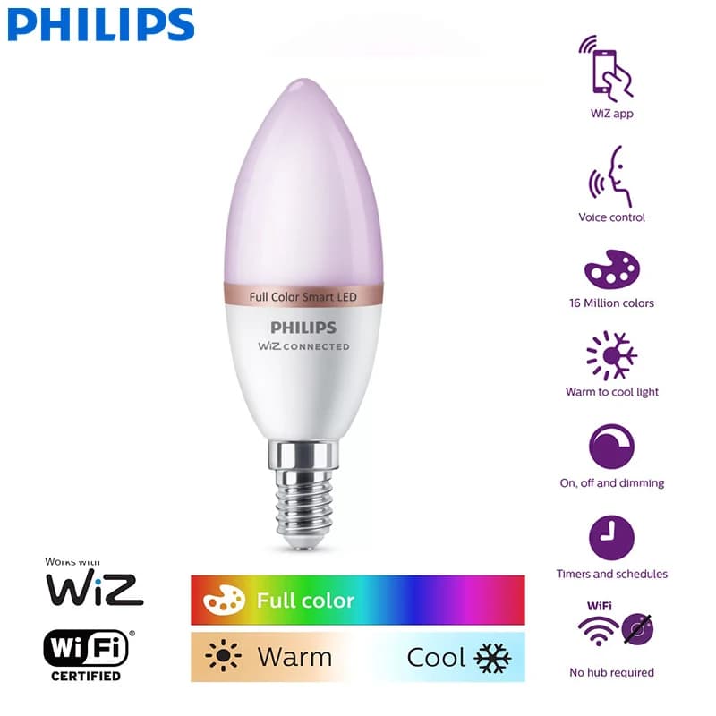 Philips Smart LED 4.9W E14 bougie WiZ Wi-Fi et Bluetooth ampoule 220-240V 16 millions de couleurs gi
