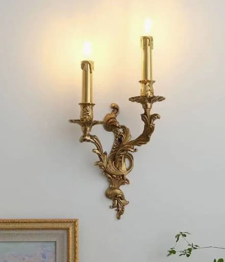 Applique murale rétro française en cuivre, couleur naturelle, en forme de bougie romantique, luminai
