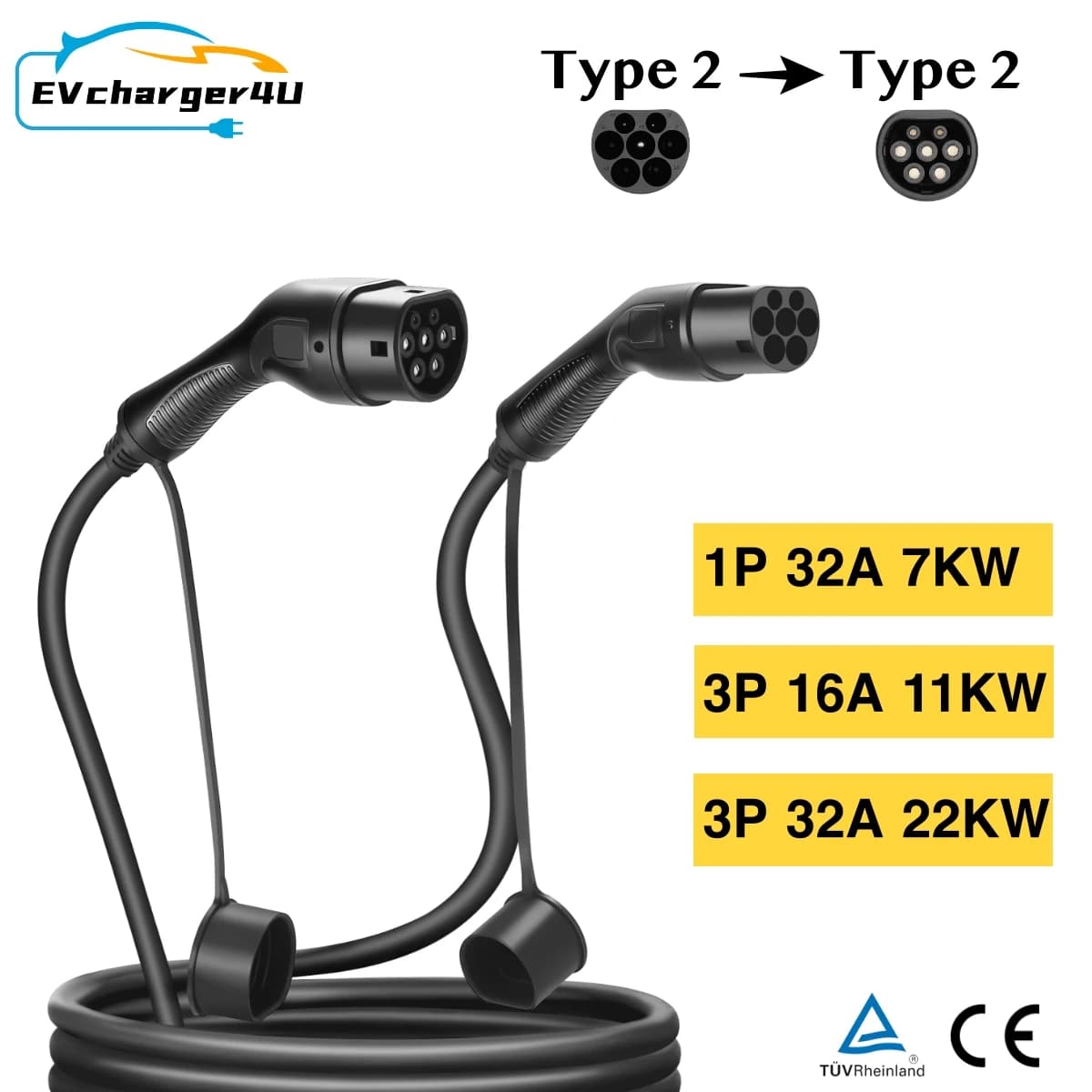 EVcharger4U-Câble de recharge pour véhicule électrique, type 2, monophasé/triphasé, 16A/32A, 7kW/11k