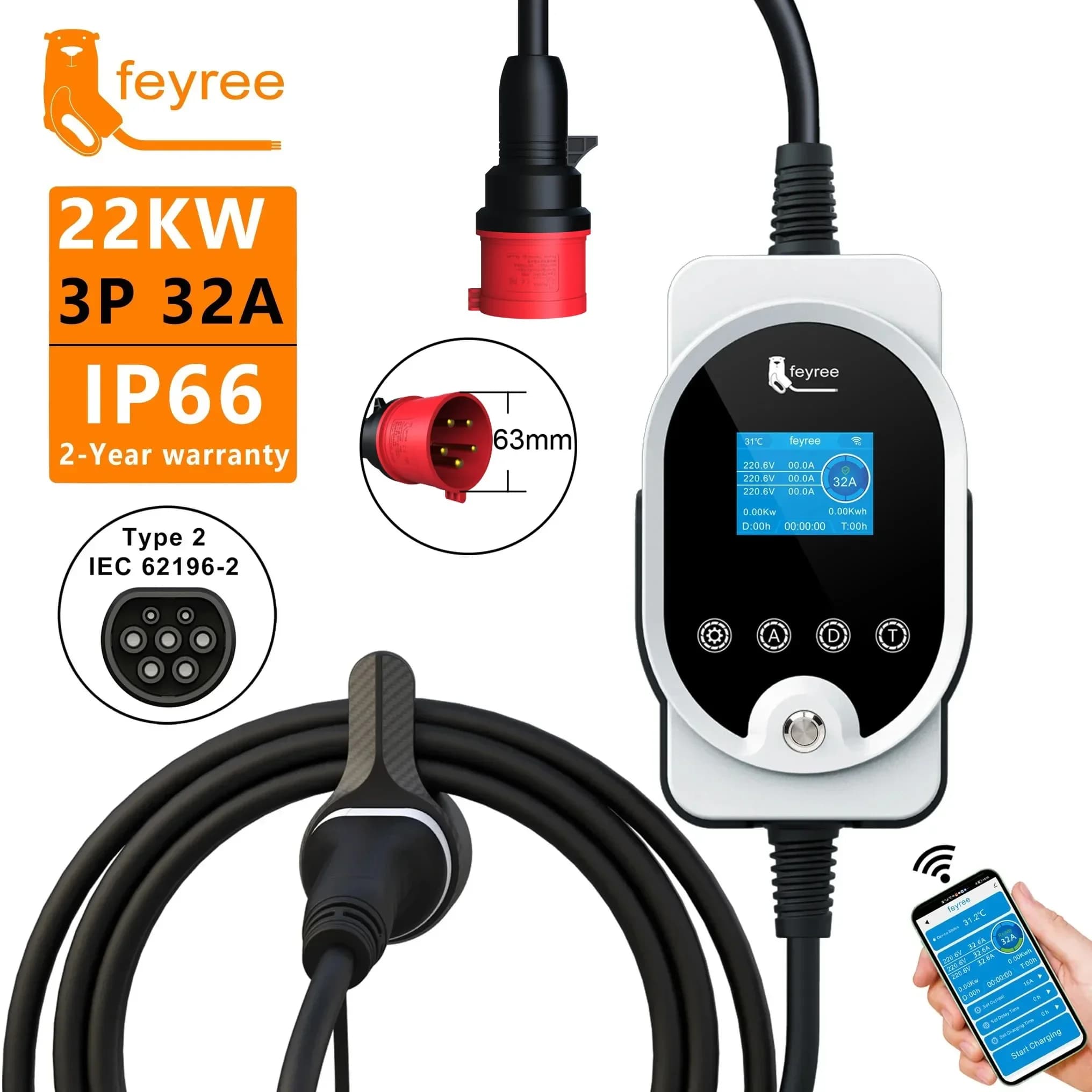 Feyree 22KW Type2 Câble EVSE Wallbox & Chargeur EV Portable 32A 3 Phases Wi-Fi APP Station de Rechar