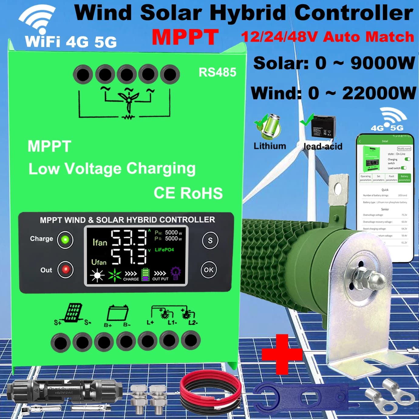 Contrôleur hybride solaire et éolien WIFI 12V 24V 48V 4000W, panneau solaire 160A 100A 80A, Turbine