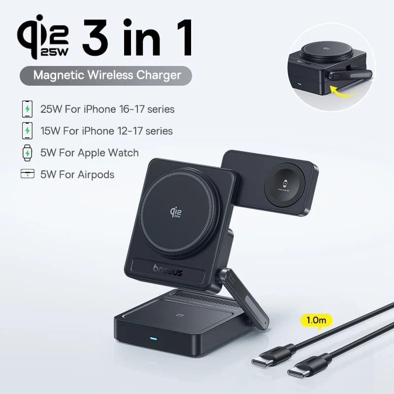 Chargeur sans fil magnétique 3 en 1 Baseus Qi2.2 25W à charge rapide pour iPhone 17 16 15 14 Apple W