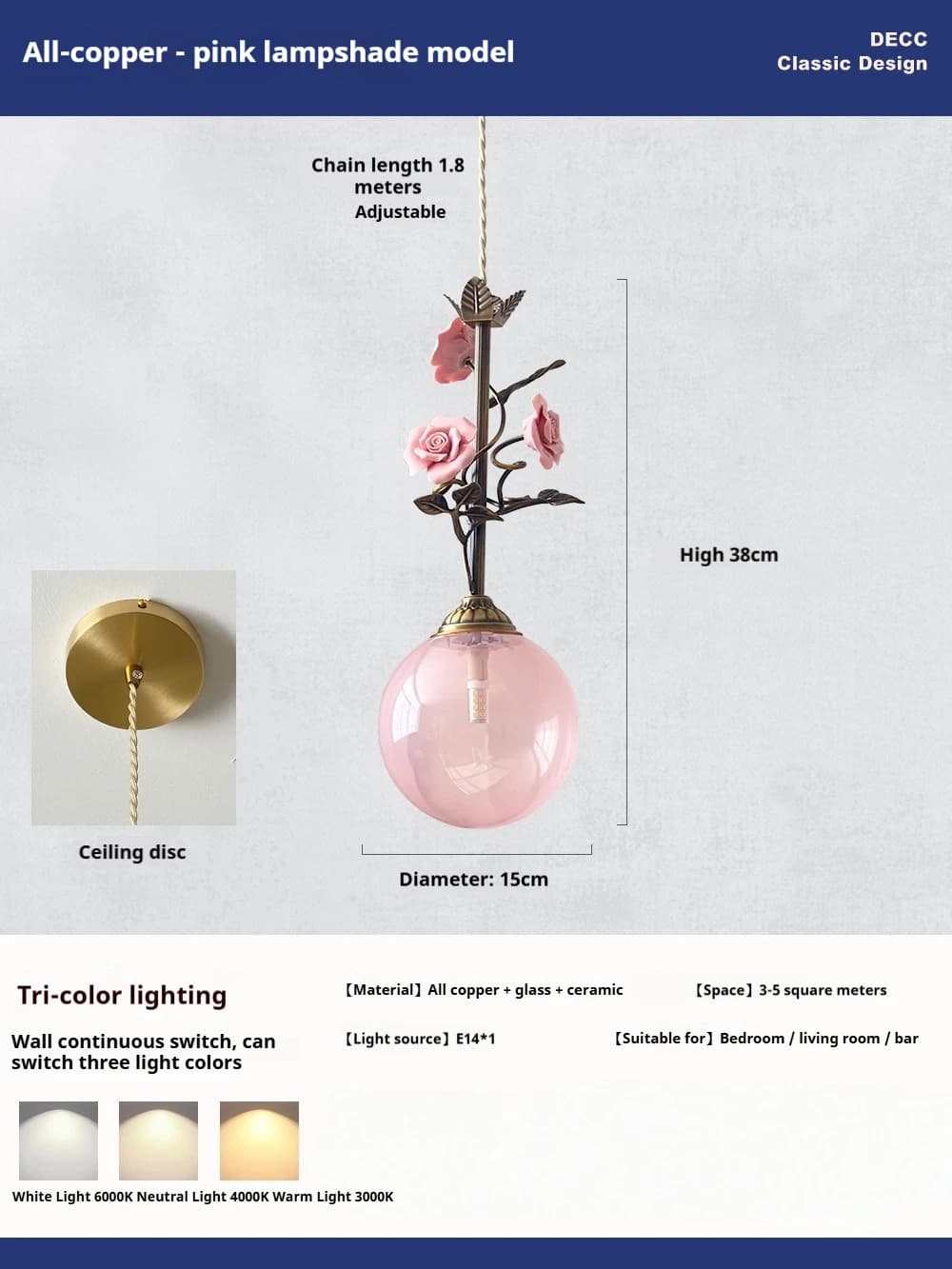Lampe suspendue LED de chevet de style français, rose rose, décoration de la maison, salon, chambre