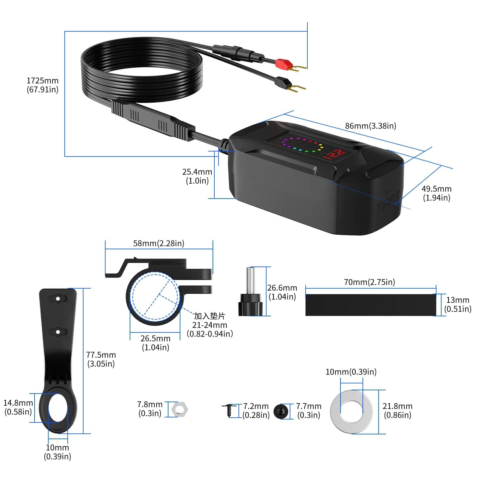 Chargeur de téléphone pour moto, ports USB 30W PD Type-C 18W avec câble de charge télescopique, volt