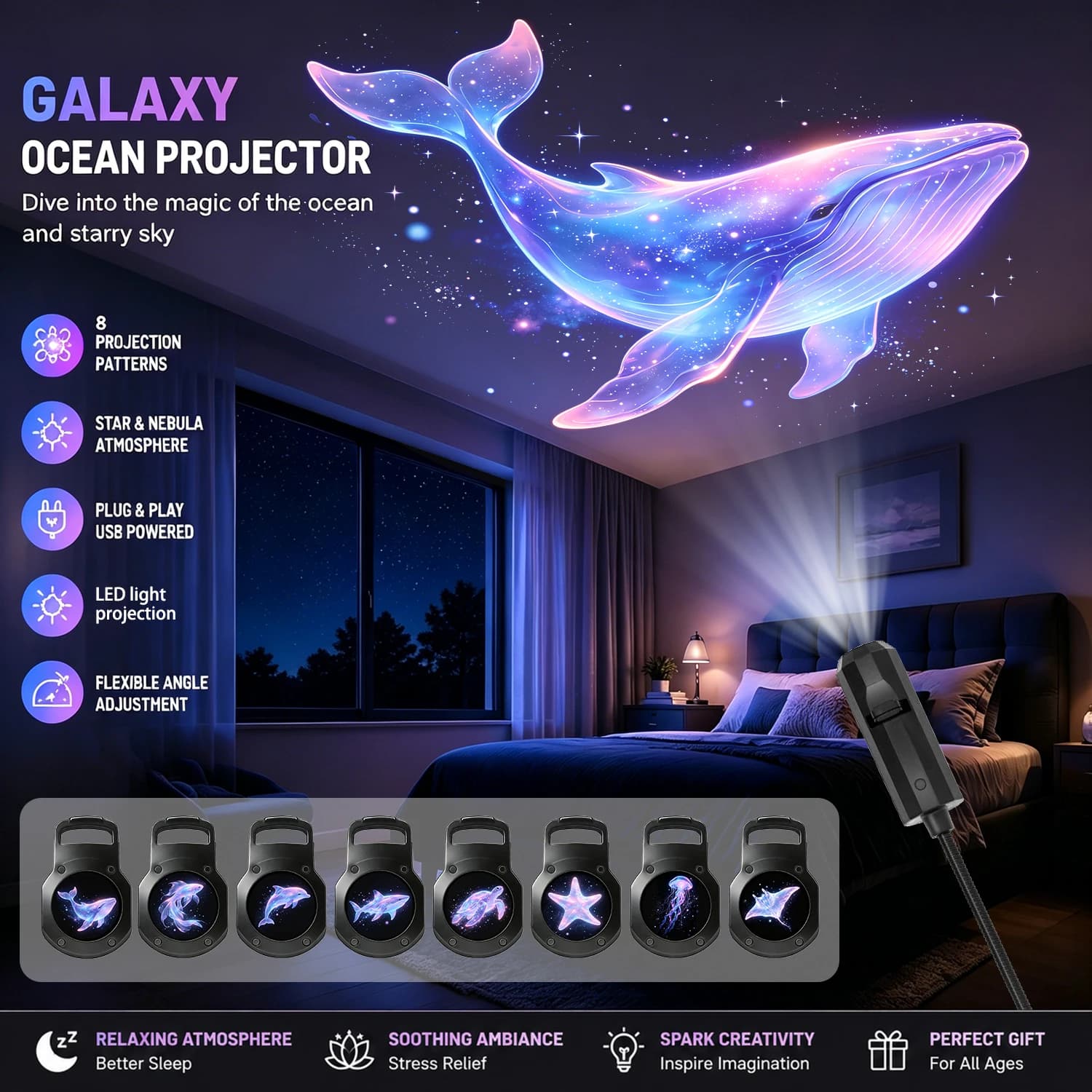 Lampe projecteur sur le thème de l'océan, alimentée par USB, crée une scène romantique de fond de me