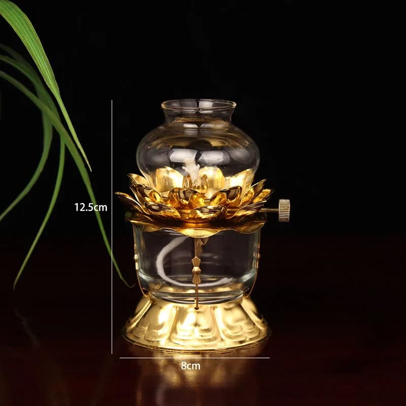 Lampe à huile dorée pour bouddhistes avec couvercle en verre coupe-vent, articles religieux, décorat