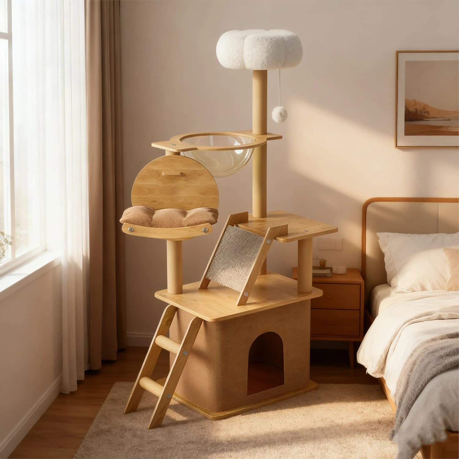 Arbre à chat en bois haut avec condo pour chat et perchoir en peluche pour chats d'intérieur