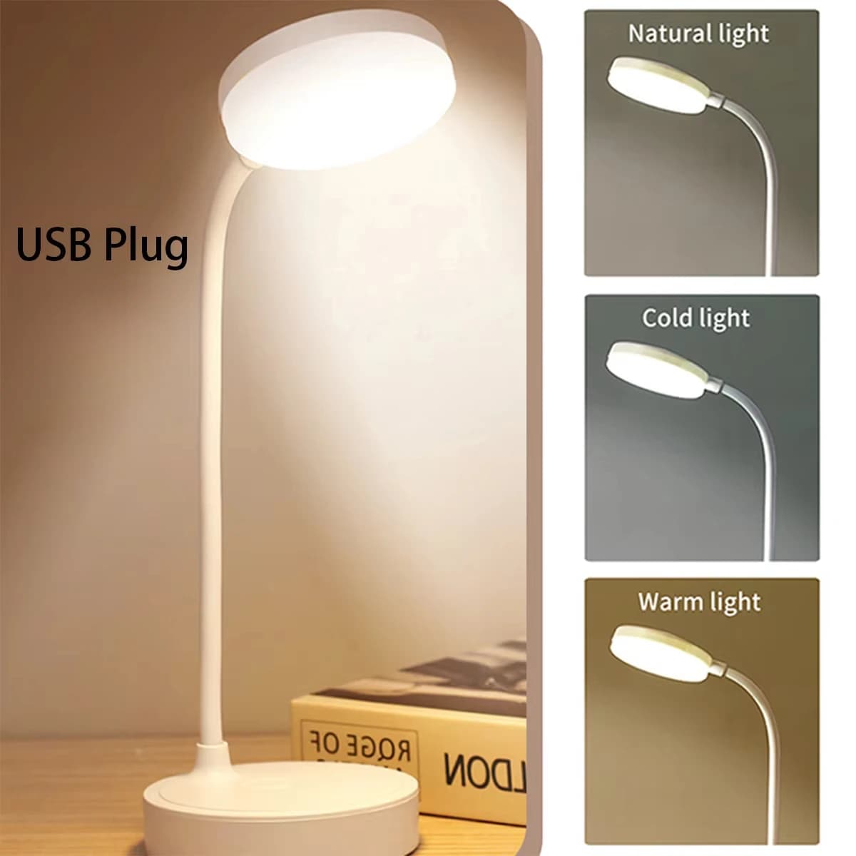 Lampe de bureau LED Portable, prise USB, Support de lampe de Table, 3 couleurs, gradation continue,