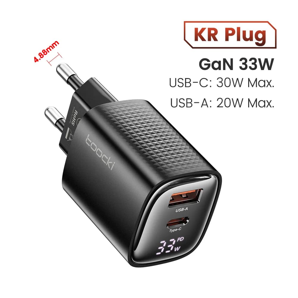 Chargeur USB-C Toocki GaN 33W/67W avec affichage numérique, charge rapide PD QC 40W, chargeur de tél