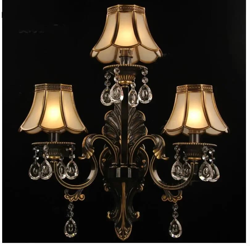 Applique Murale Européenne en Cuivre 100% pour Documents, 3 Bras, Lumière LED de Couloir, Chambre à Coucher, Verre Bronze, AC E14, Garantie, 53cm, H, 60cm