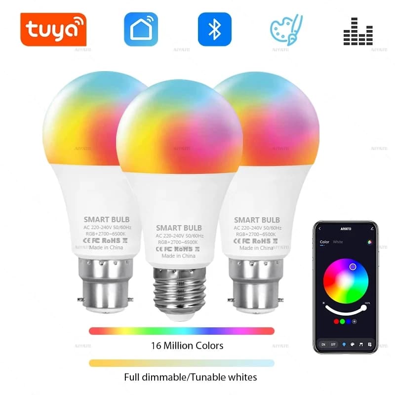 Ampoule LED Bluetooth Tuya Smart Life APP, dimmable, 15W 18W E27 B22 220V RGBCW, changement de couleur, contrôle de groupe, rythme musical, minuterie