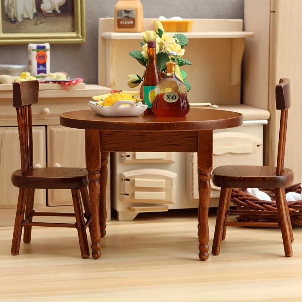 Tables et chaises rondes en bois, accessoires miniatures pour maison de poupée 1:12, parfaits pour Halloween, Noël, la Saint-Valentin, Thanksgiving